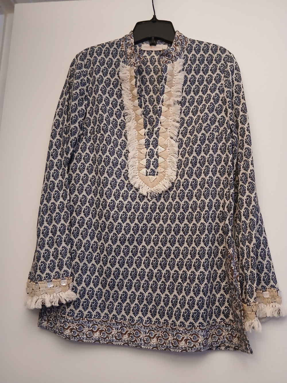 Tory Burch Navy and Cream Printed Tunic with Tassel Trim and Decorative Details